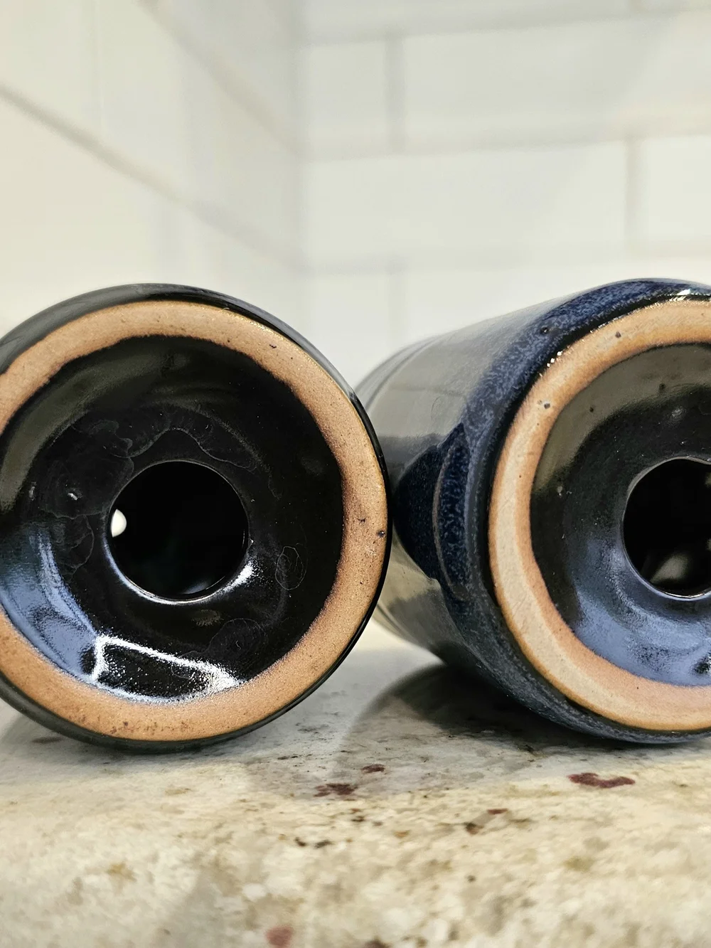 Set Of Dark Blue Glazed Ceramic Salt And Pepper THL Blue Drip Glaze Farmhouse